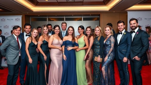 Group posing at red carpet event, branded backdrop, evening wear