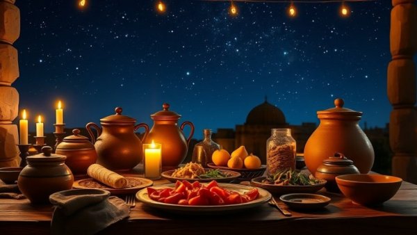 Traditional Middle Eastern dinner scene under starry sky.