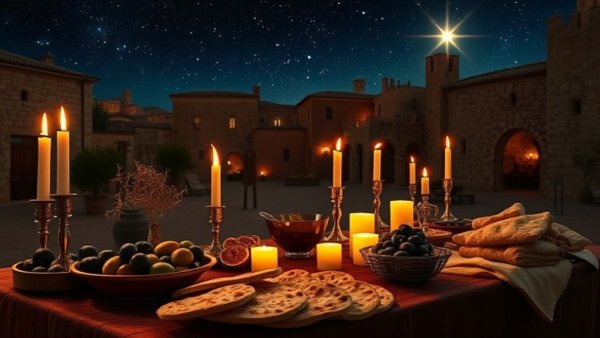 Manger feast dinner party under starry sky with glowing candles and rustic dishes.