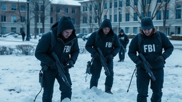 FBI agents search snowy campus grounds at Brown University mass shooting site.