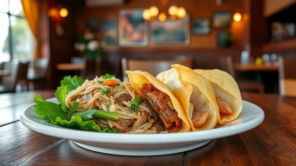 New Toronto restaurant dish of laing and lumpia on a wooden table.