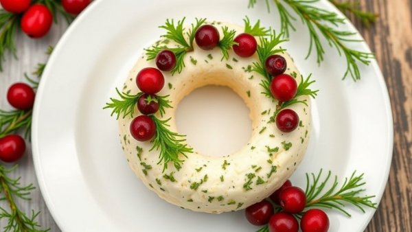 Festive mini cheese ball wreath with herbs and cranberries on a white plate.