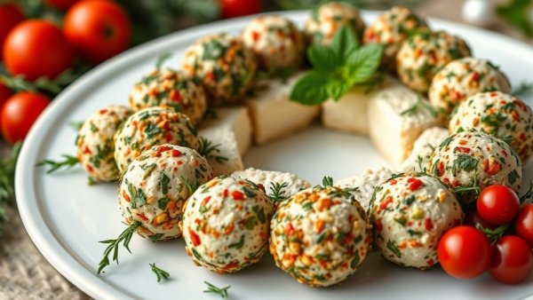 Festive Mini Cheese Ball Wreath with herbs and cranberries on plate.