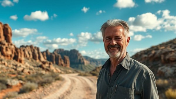 Man standing near rocky cliffs under blue sky, context Epstein Files Release.