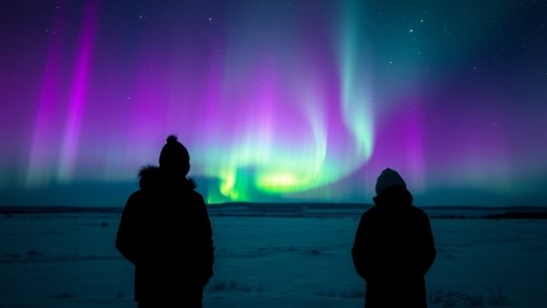 Silhouetted people viewing colorful aurora in winter night sky.