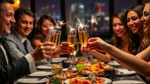 Elegant New Year's Eve dinner with champagne in Toronto restaurant.
