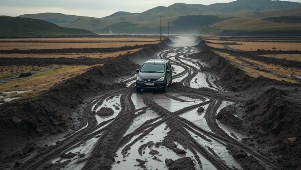 California flash flood alerts scene with muddy road and vehicle