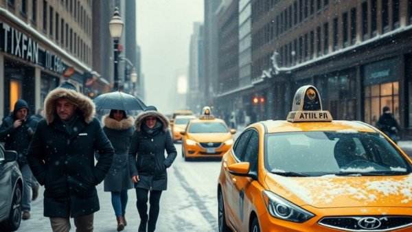 Northeast winter weather impacts on urban travel with snow and taxi.