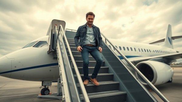 Person descending stairs from an airplane, Ukraine context.