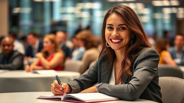 Candid image of woman at event, seated with book and attendees.