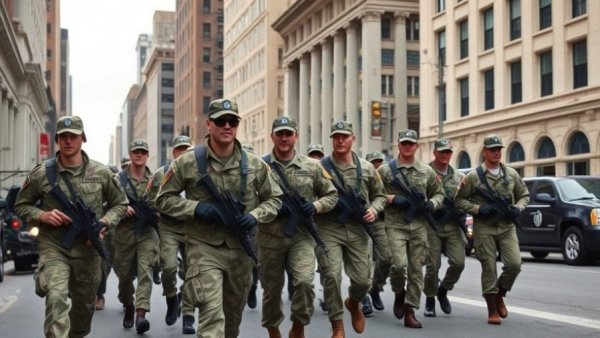 National Guard soldiers in city street, relaxed, removal context