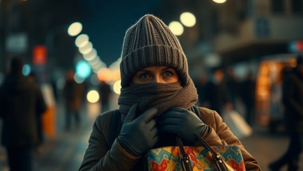 Somber woman mourning at night near Crans-Montana bar fire memorial.