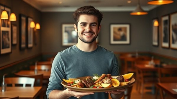 Young server smiling with appetizers in cozy Calgary restaurant.