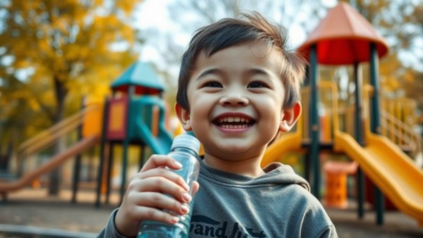 Child holding a water bottle smiling in a playground setting.
