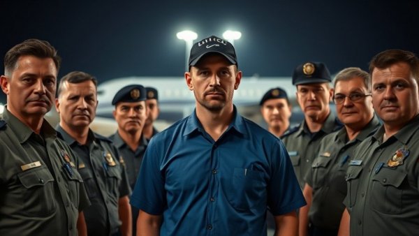 Officers surrounding man in blue top at night airport, Venezuela.