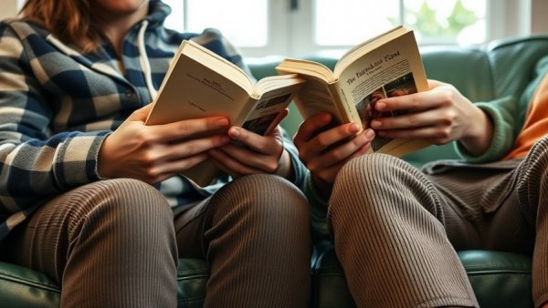 Couple enjoying reading together on a green couch, hobbies for couples.