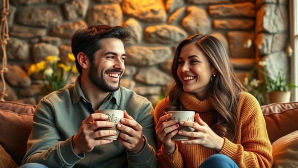 Cozy indoor date ideas for winter evenings with a couple enjoying handmade mugs.