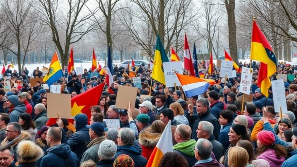 Protest crowd in Minneapolis park, holding signs and flags, winter scene.