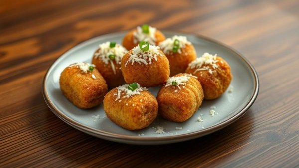Crispy croquettes with cheese and chives on a plate. Concorde Employee Pricing.