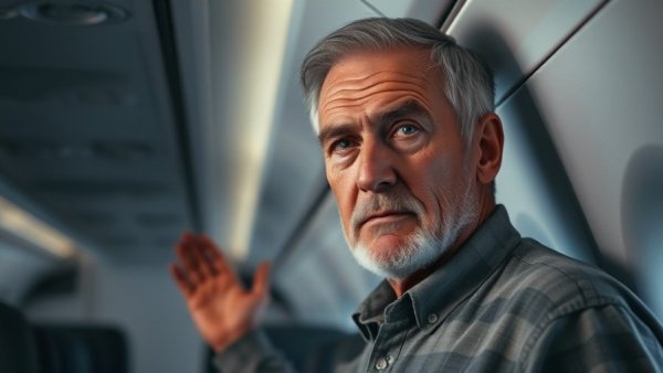 Older man with a stern expression, standing in an airplane.