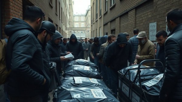 Somber scene of individuals inspecting body bags amidst protests, highlighting Iran protests death toll.