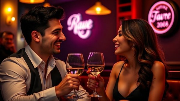 Elegant couple at a romantic dinner in Vancouver, enjoying wine in a dimly lit restaurant.