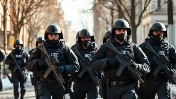 ICE officers patrol a neighborhood in tactical gear.