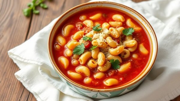 Close-up of pasta e fagioli soup recipe with garnish
