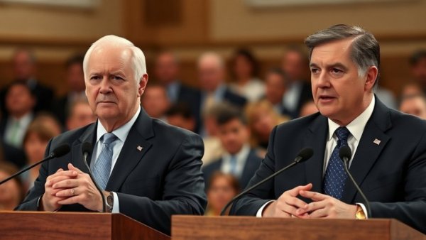 Two men speaking at podiums in a formal setting.