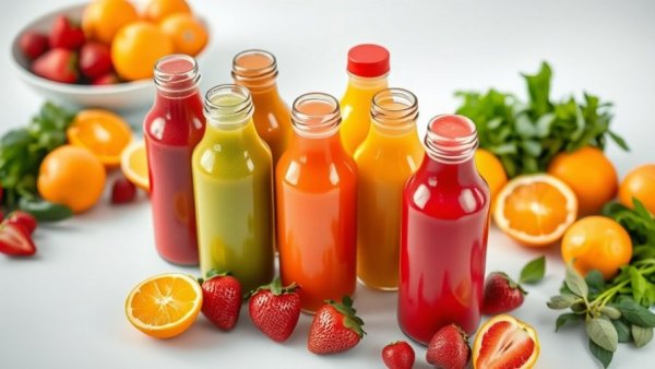 Colorful bottles of Calgary fresh juice and smoothies with fruits.