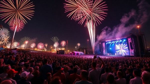 Vibrant fireworks over a concert stage in Toronto, Toronto concert lineup 2026.