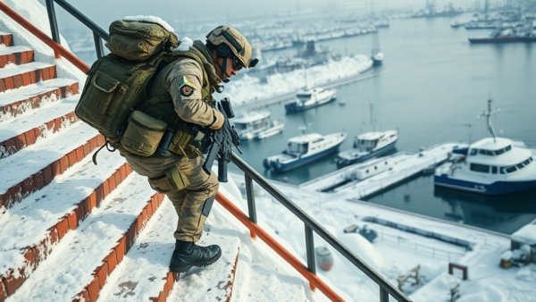 Soldier in Greenland harbor amid tariff tensions.
