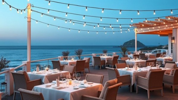Charming patio setup for dining by the sea, ideal for date nights.