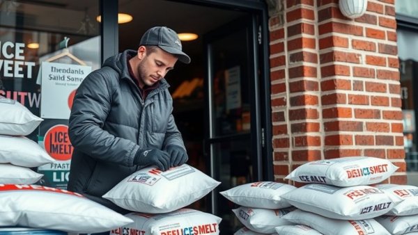 Winter storm preparations with ice melt supplies at store.