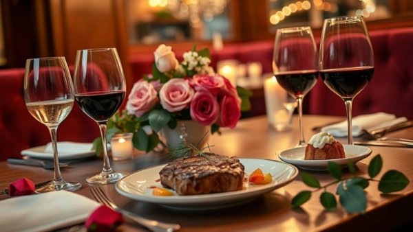 Valentine's Day dinner setup in Toronto with elegant meal and roses.