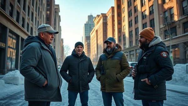 Four men converse with a DHS officer on snowy street.
