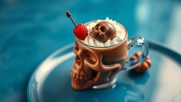 YYC Hot Chocolate Fest 2026 creative skull-themed drink on blue table.