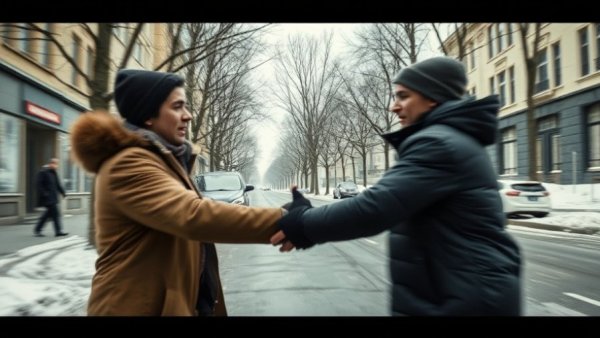 Confrontation scene in urban setting, dynamic motion blur.