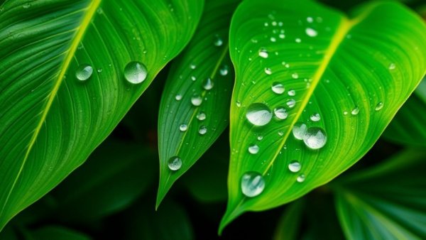 Close-up view of dewy green leaves in a garden.