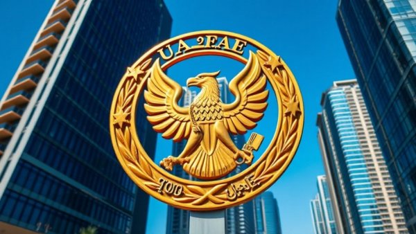 UAE emblem with skyscrapers, symbolizing investment landscape.