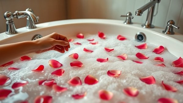Romantic bathtub with rose petals in a Toronto hotel.
