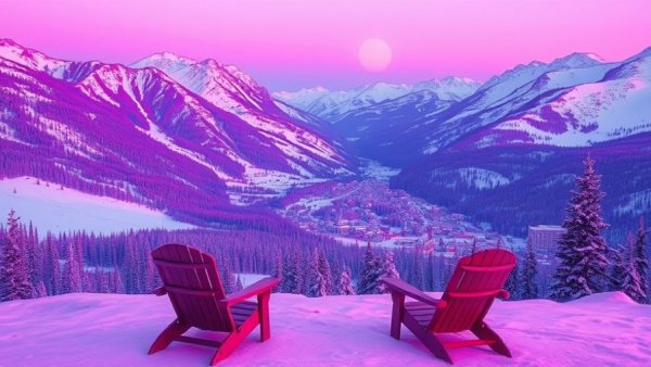 Pink-tinted Banff mountain scene with chairs, Banff Music Festival.