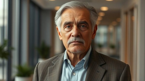 Distinguished older man indoors, serious expression, modern setting.