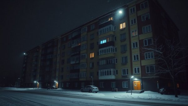 Soviet-era building during nighttime power blackout in Russian border region.