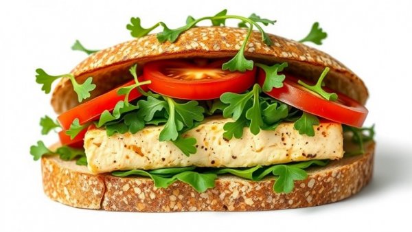 Smoked tofu sandwich recipe with arugula and tomato.