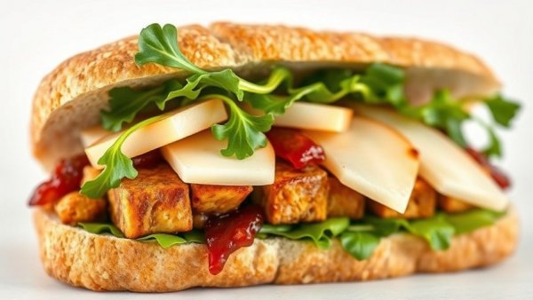 Smoked Tofu with BBQ Pear and Swiss Cheese Sandwich with arugula on white background
