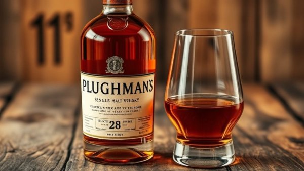 Ploughman’s Single Malt Whisky bottle and glass on wooden surface.