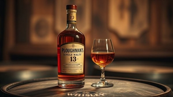 Ploughman's Single Malt Whisky bottle and glass on a wooden barrel.