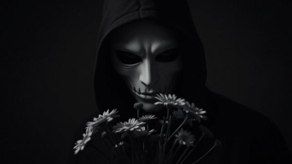 Mysterious masked figure with flowers in a dramatic black and white scene.