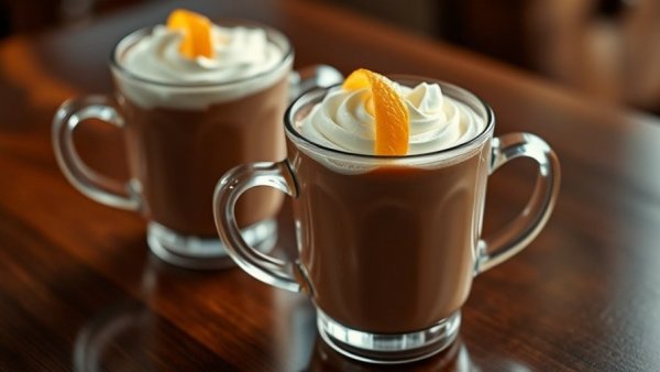 London Fog hot chocolate in glass mugs with whipped cream and orange peel.